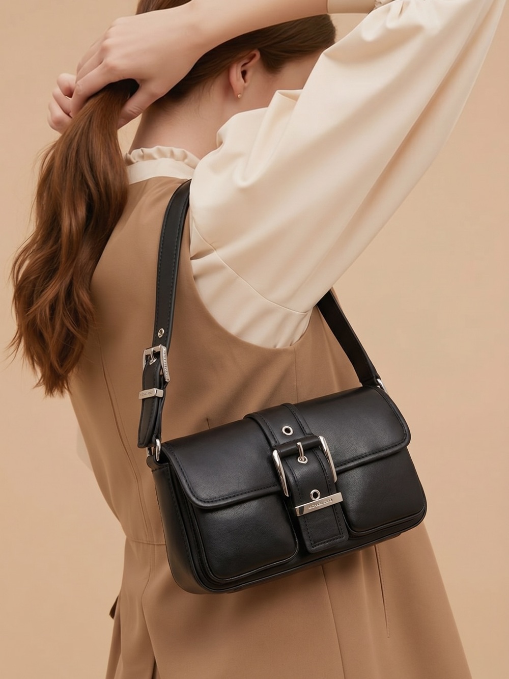 Michael Kors Black Leather Shoulder Bag with Silver Buckle